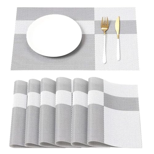 Platzsets Abwaschbar,Tangger 6er set Tischsets Abwaschbar Placemats PVC Placemat Platzset Abgrifffeste Hitzebeständig Rutschfest Platzdeckchen Platzdeckchen Tischsets Platzsets (45x30cm) (silber-weiß) von Tangger