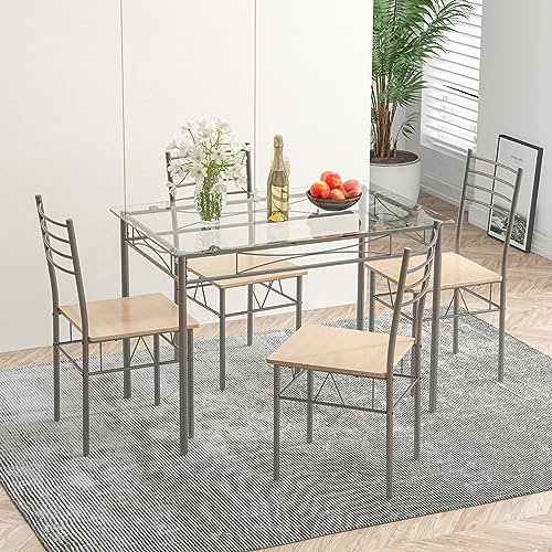 Tangkula Esstisch-Set für 4, 5-teiliges Esszimmer-Set mit Tischplatte aus gehärtetem Glas und 4 Stühlen, Küche Esszimmer Möbel, Weiß von Tangkula