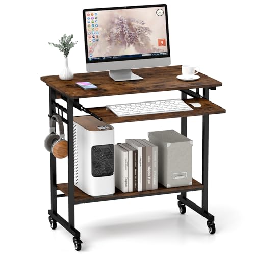 Tangkula Rollender Computer-Schreibtisch mit Tastaturablage, mobiler, tragbarer Laptop-PC-Schreibtisch mit CPU-Ständer und Haken für Sofa und Bett, industrieller Couch-Schreibtisch von Tangkula