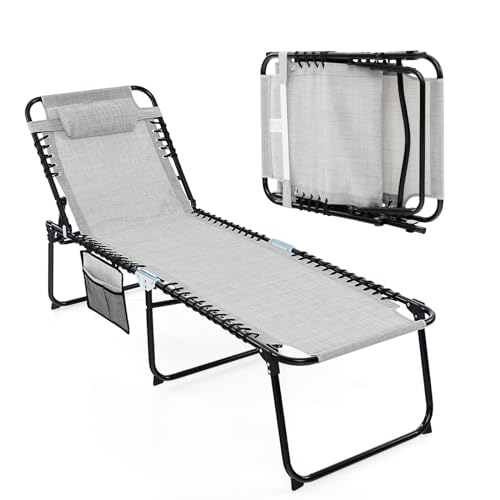 Tangkula Strand-Lounge-Sessel für draußen, zusammenklappbar, Chaiselongue für den Außenbereich, mit 4-Positionen-Rückenlehne, abnehmbarer Kopfstütze und Seitentasche, tragbarer Sonnenbadesessel für von Tangkula