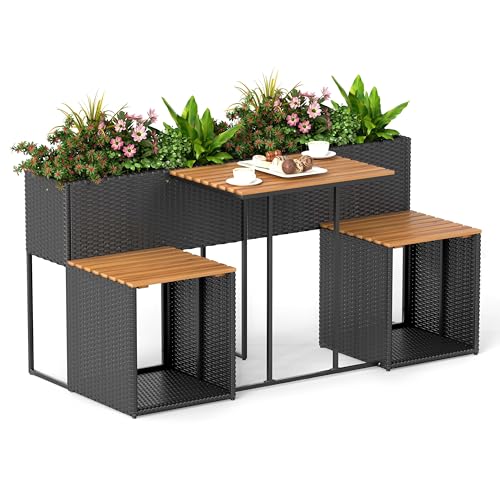 Tangkula Terrassenmöbel Set mit Hochbeet, PE Rattan Garten Pflanztisch mit eingebauten Stühlen und Stauraum, Akazienholz Outdoor Gesprächsset mit stabilem Metallrahmen von Tangkula