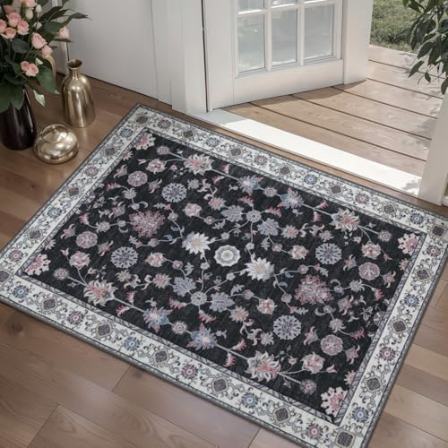 Tangsoo Kleiner Teppich mit Blumenmuster, waschbar, für Eingänge, Vintage, rutschfest, Schwarz / Rot, für Eingangsbereich, Schlafzimmer, Küche, Foyer, Dekor Tangsoo Kleiner Teppich mit Blumenmuster, waschbar, für Eingänge, Vintage, rutschfest, Schwarz / Rot, für Eingangsbereich, Schlafzimmer, Küche, Foyer, Dekor von Tangsoo
