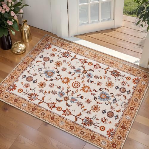Tangsoo Kleiner Teppich mit Blumenmuster, waschbar, für Eingänge, Vintage, rutschfest, für Eingangsbereich, abgenutzter Boden, weicher Niederflor, Fußmatte für Eingang, Schlafzimmer, Küche, Foyer Tangsoo Kleiner Teppich mit Blumenmuster, waschbar, für Eingänge, Vintage, rutschfest, für Eingangsbereich, abgenutzter Boden, weicher Niederflor, Fußmatte für Eingang, Schlafzimmer, Küche, Foyer von Tangsoo