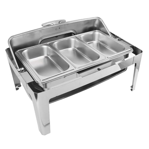 Rechteckige Schurkenschale Buffet Set, Hydraulische Dämpfung Catering Food Wärmer Set Alkoholheizspiegel Polierte Oberfläche Einstellbare Temperatur für das Ereignis (Edelstahlfarbe) von Tangxi