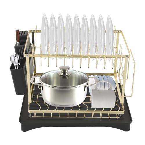 Abtropfgestell Geschirr 2-Stufige Spülbecken Organizer, mit Abtropfmatte Geschirrabtropfgestell Großes Fassungsvermögen Geschirrständer Abtropfgestell 360° Entwässerung Drehung Kitchen Accessories von TanjcXliu