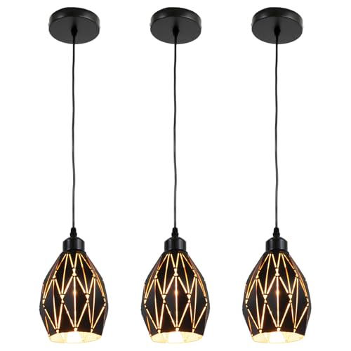 Pendelleuchte Dreier-Set Esstischlampe Hängend E27 Wohnzimmerlampe Schwarz Deko Lampe 12 x 20cm Pendellampe Küche Rund Schlafzimmer Kronleuchter Kristall Lanyard Länge 100cm Hotel Lampe Esstisch von TanjcXliu