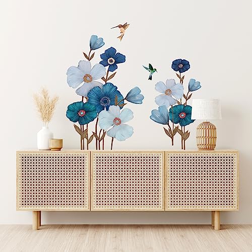 Tanlaby Blau Weißer Blumen Wandtattoo Blume Pflanze Wandsticker Vögel Wandaufkleber für Frauen Wohnzimmer Schlafzimmer Büros Sofa Hintergrund Hause Wanddekoration von Tanlaby