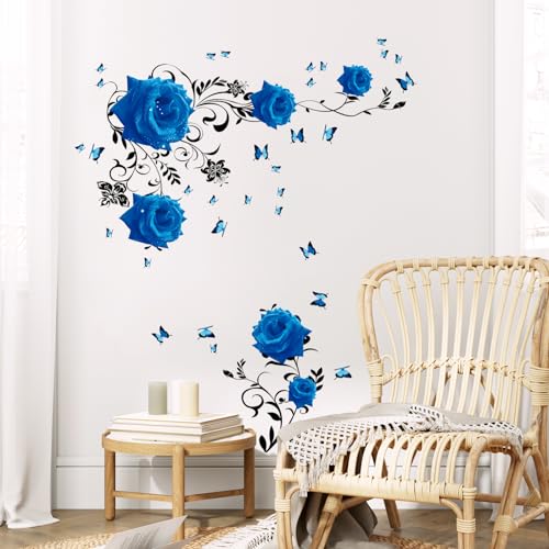 Tanlaby Blaue Rosen Wandtattoo Rose Blüten Wandsticker Blaue Pfingstrose Wandaufkleber für Frauen Wohnzimmer Schlafzimmer Büros Sofa Hintergrund Hause Wanddekoration von Tanlaby