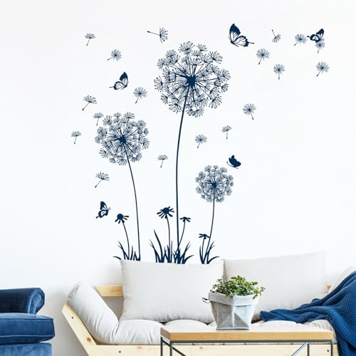 Tanlaby Blauer Löwenzahn Wandsticker Blumen Wandtattoo Pusteblume Schmetterlinge Wandaufkleber für Wohnzimmer Schlafzimmer Büros Sofa Hintergrund Hause Wanddekoration von Tanlaby