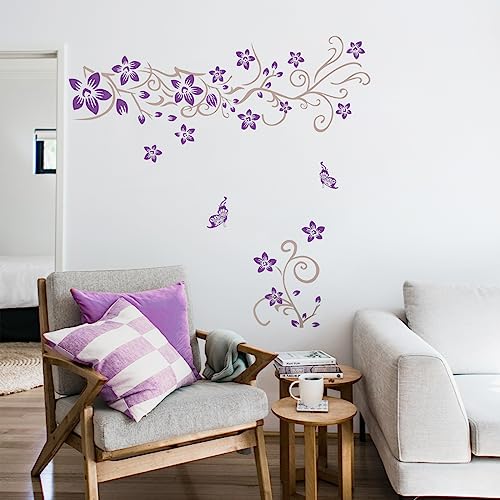 Tanlaby Blumen Rebe Wandtattoo Lila Blumen Wandsticker Lila Schmetterling Wandaufkleber für Wohnzimmer Schlafzimmer Büros Sofa Hintergrund Hause Wanddekoration von Tanlaby