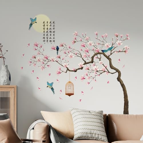 Tanlaby Blumen Vögel auf Ast Wandtattoo Chinesischer Stil Baum Blume Wandsticker Rosa Blumen Magnolie Wandaufkleber für Erwachsene Kinder Wohnzimmer Schlafzimmer Büros Hause Wanddekoration von Tanlaby