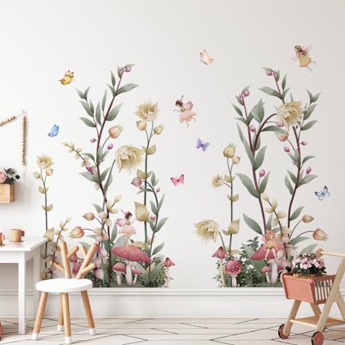 Tanlaby Botanische Blumen Wandsticker Fee Elfen Pilz Wandtattoo Selbstklebend Wandaufkleber Abnehmbar DIY Wand Kunst Aufkleber für Wohnzimmer Schlafzimmer Sofa Hintergrund Haus Wanddekoration von Tanlaby