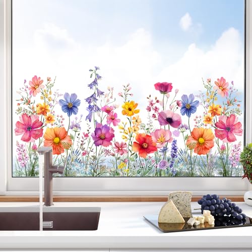 Tanlaby Bunte Blumen Fensterbilder Frühling Blaues Windspiel Blumen Fenstersticker DIY Doppelseitiger Statischer Kollisionsschutz für Schlafzimmer Home Wohnzimmer Glasfenster Türen Fensterabziehbilder von Tanlaby