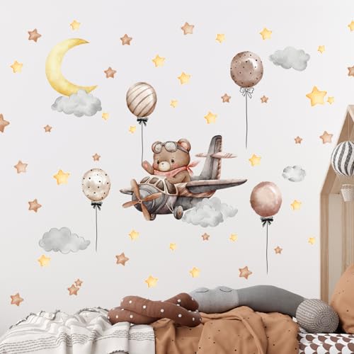 Tanlaby Cartoon Bear Flying Airplane Wandaufkleber Mond Ballon Sterne Wolke Wandabziehbilder Selbstklebend Abnehmbar Wandkunst Aufkleber für Kinderzimmer Kinder Schlafzimmer Spielzimmer Wanddekoration von Tanlaby