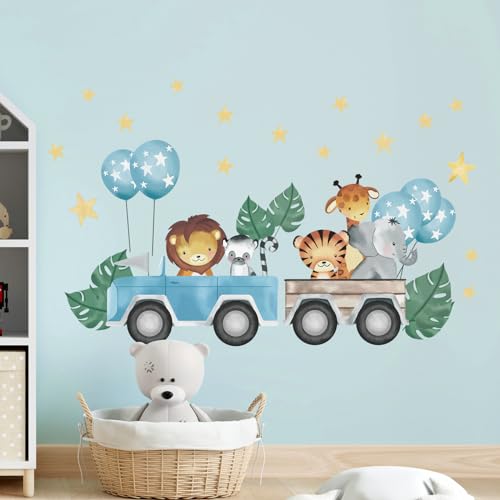 Tanlaby Dschungel Tier Auto Wandtattoo Ballon Sterne Palmenblatt Wandsticker Safari Giraffe Elefant Wandaufkleber für Kinder Babyzimmer Wohnzimmer Schlafzimmer Kinderzimmer Hause Wanddekoration von Tanlaby