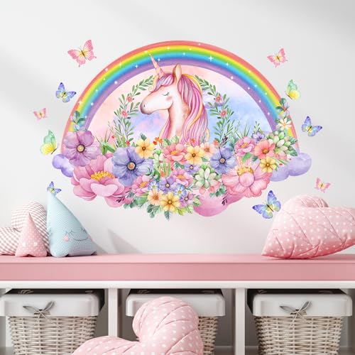 Tanlaby Einhorn Regenbogen Blumen Wandsticker Bunte Blumen Schmetterlinge Wandtattoo Selbstklebend Abnehmbar Wandaufkleber für Mädchen Wohnzimmer Schlafzimmer Kinderzimmer Wanddekoration von Tanlaby