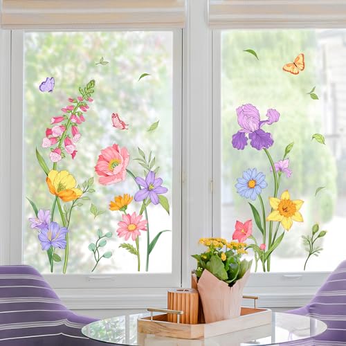 Tanlaby Groß Fensterbilder Blumen Frühling Sommer Fensteraufkleber Bunte Blumen mit Iris Narzissen DIY Fenstersticker Vogelschutz für Schlafzimmer Wohnzimmer Home Glasfenster Türen Küche Büro von Tanlaby