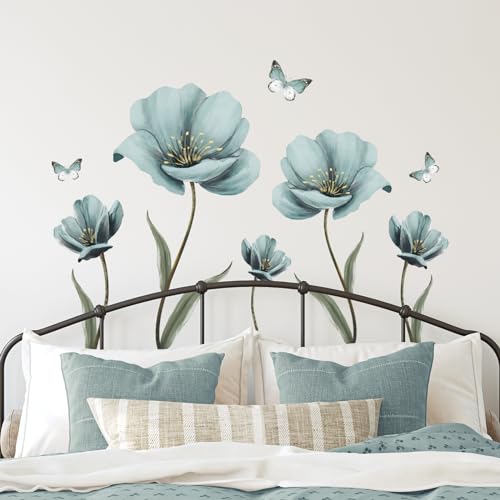 Tanlaby Große Blumen Wandtattoo Vintage Blumen Wandsticker Blauer Schmetterling Wandaufkleber für Frauen Wohnzimmer Schlafzimmer Büros Sofa Hintergrund Hause Wanddekoration von Tanlaby