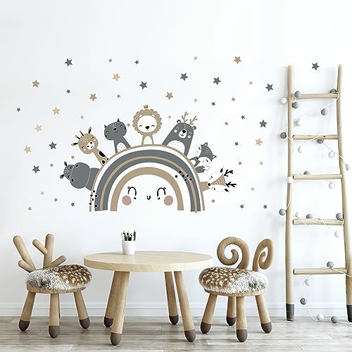 Tanlaby Große Regenbogen und Tier Wandtattoo Boho Grau Braun Waldland Tier Wandsticker Nordisch Giraffe Löwe Wandaufkleber für Kinder Babyzimmer Wohnzimmer Schlafzimmer Kinderzimmer Wanddekoration von Tanlaby