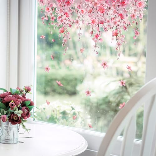 Tanlaby Kirschblüte Blume Fensterbilder Frühling Rosa Hängende Blumen Fensterfolie Selbsthaftend Wiederverwendbare Doppelseitige Statische Anti-Kollision Glas Fenster Türen Fensterdekoration von Tanlaby