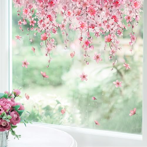 Tanlaby Kirschblüte Blume Fensterbilder Frühling Rosa Hängende Blumen Fensterfolie Selbsthaftend Wiederverwendbare Doppelseitige Statische Anti-Kollision Wohnzimmer Glas Fenster Türen Fensterdeko von Tanlaby