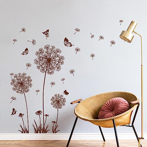 Tanlaby Löwenzahn Wandsticker Blumen Wandtattoo Pusteblume Schmetterlinge Wandaufkleber für Wohnzimmer Schlafzimmer Büros Sofa Hintergrund Hause Wanddekoration(Braun) von Tanlaby