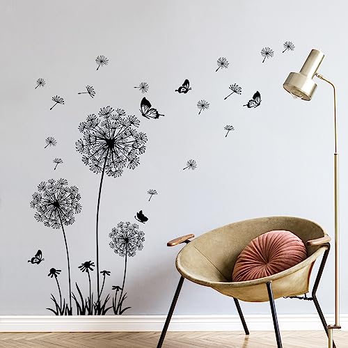 Tanlaby Löwenzahn Wandsticker Schwarz Blumen Wandtattoo Pusteblume Schmetterlinge Wandaufkleber für Wohnzimmer Schlafzimmer Büros Sofa Hintergrund Hause Wanddekoration von Tanlaby