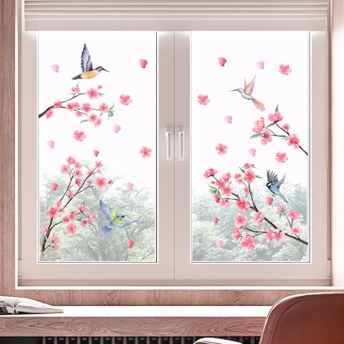 Tanlaby Blume Fensterbilder Frühling Sommer Fensteraufkleber Rosa Blumen Fenstersticker Selbstklebend Fenster Anti-Kollision Glastüren Fensterdeko Aufkleber von Tanlaby