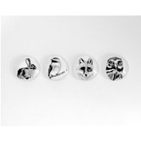 Fauna Magnet Set Von 4, Niedliche Magnete, Hase Eule Fuchs Meisen, Handgezeichnete Bilder, Natur Wald Glas-Kühlschrank-Magnete von TannerGlass