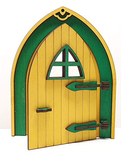Tanno Design Wichteltür, Feentür, Mäusetür, Elfentür aus Holz zum öffnen mit lustigem Wichtel gelb/grün 17cm hoch von Tanno Design