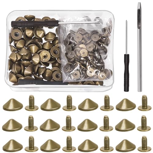 Tanstic 100 Sets(202Pcs) Bronze Cone Spikes and Studs Kit, 10 x 4.7mm Metal Spikes and Studs Bullet Cone Spikes Studs Screw Back Punk Studs with Installation Tools for Leather Craft von Tanstic