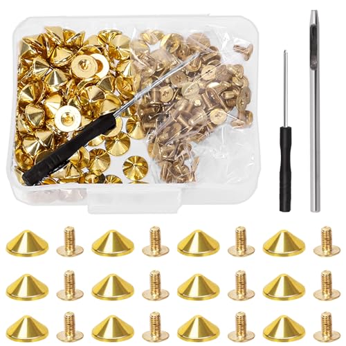 Tanstic 100 Sets(202Pcs) Gold Cone Spikes and Studs Assortment Kit, 10 x 4.7mm Metal Spikes and Studs Bullet Cone Spikes Studs Screw Back Punk Studs with Installation Tools for Leather Craft von Tanstic