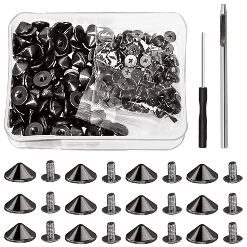 Tanstic 100 Sets(202Pcs) Gun Black Cone Spikes and Studs Kit, 10 x 4.7mm Metal Spikes and Studs Bullet Cone Spikes Studs Screw Back Punk Studs with Installation Tools for Leather Craft von Tanstic