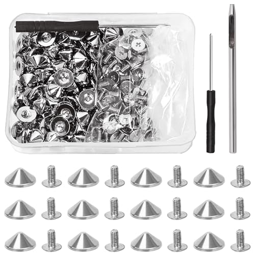 Tanstic 100 Sets(202Pcs) Silver Cone Spikes and Studs Kit, 10 x 4.7mm Metal Spikes and Studs Bullet Cone Spikes Studs Screw Back Punk Studs with Installation Tools for Leather Craft von Tanstic