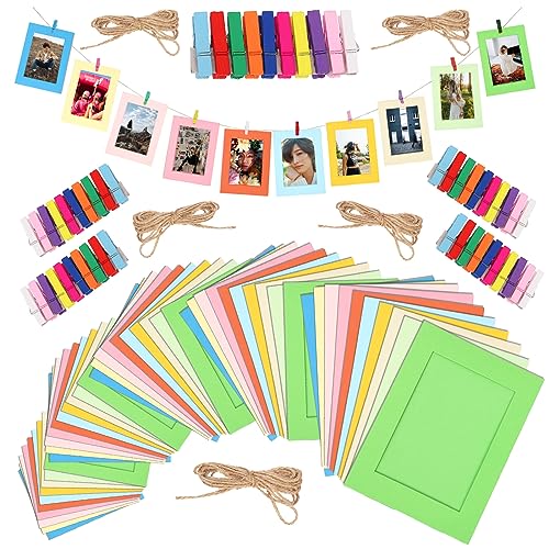 Tanstic 105Pcs 5 Sizes 10 Colors Paper Picture Frames Kit with Wooden Clips and String, Cardboard Picture Frames DIY Cardboard Photo Hanging Display Paper Photo Frame Cards Gallery Frames von Tanstic