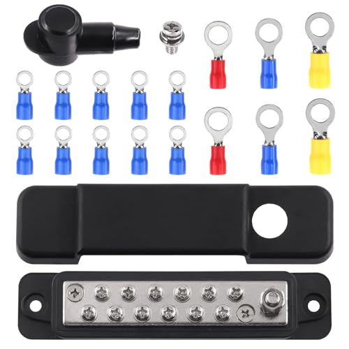 Tanstic 12 Terminal Power Distribution Block with Ring Terminals, 12 Terminals Bus Bar-1/4" Stud, 12 x M4 (#8) Terminal Screws, Black von Tanstic