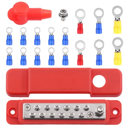 Tanstic 12 Terminal Power Distribution Block with Ring Terminals, 12 Terminals Bus Bar-1/4" Stud, 12 x M4 (#8) Terminal Screws, Red von Tanstic