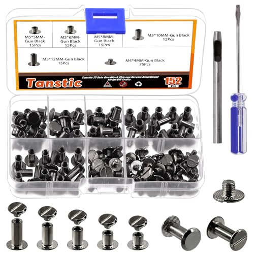 Tanstic 152Pcs(75 Sets) Chicago Screws Assorted Kit, M5 x 5/6/8/10/12mm Flat Head Leather Rivets Chicago Screws Binding Screw Posts Nail Rivet with Install Tool for Leather Craft (Gun Black) von Tanstic