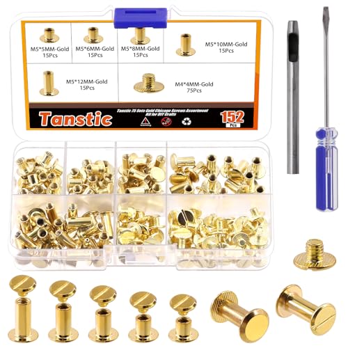 Tanstic 152Pcs(75 Sets) Chicago Screws Assorted Kit, M5 x 5/6/8/10/12mm Flat Head Leather Rivets Chicago Screws Binding Screw Posts Nail Rivet with Install Tool for Leather Craft Bookbinding(Gold) von Tanstic