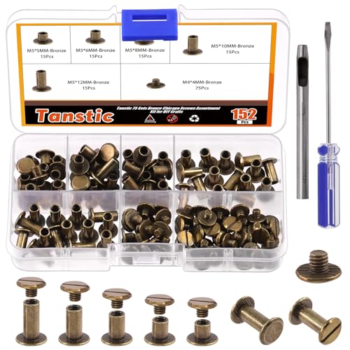 Tanstic 152Pcs(75 Sets) Chicago Screws Assorted Kit, M5 x 5/6/8/10/12mm Flat Head Leather Rivets Chicago Screws Binding Screw Posts Nail Rivet with Install Tool for Leather Crafts (Bronze) von Tanstic
