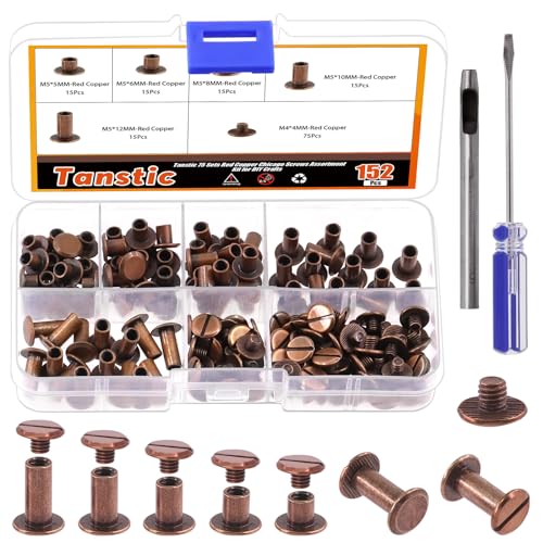 Tanstic 152Pcs(75 Sets) Chicago Screws Assorted Kit, M5 x 5/6/8/10/12mm Flat Head Leather Rivets Chicago Screws Binding Screw Posts Nail Rivet with Install Tool for Leather Crafts (Red Copper) von Tanstic