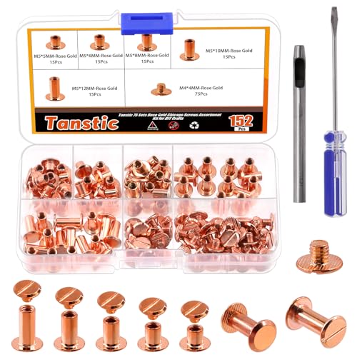 Tanstic 152Pcs(75 Sets) Chicago Screws Assorted Kit, M5 x 5/6/8/10/12mm Flat Head Leather Rivets Chicago Screws Binding Screw Posts Nail Rivet with Install Tool for Leather Crafts (Rose Gold) von Tanstic