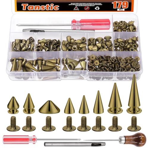 Tanstic 176 Sets Punk Spikes und Studs Kit, 8-Größen Kegel Spikes Screwback Studs Metall Baum Spikes für Leder Punk Style Kleidung Zubehör (Bronze) von Tanstic
