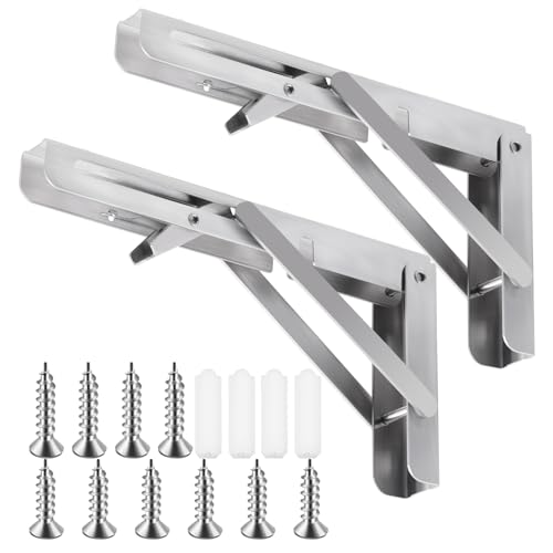 Tanstic 2-Pack 8-Zoll faltende Regalhalterungen, Heavy Duty Wand montierte Regalhalterung, Metall zusammenklappbare Regalhalterung Dreieck Regal Unterstützung für Tischbank, Max. Last 220lb (Silber) von Tanstic