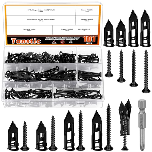 Tanstic 200Pcs Self Drilling Drywall Anchors with Screws, 4 Different Sizes Drywall Self Drilling Anchors Steel Wall Anchor with Screwdriver Bit for Wall Hanging(Black) von Tanstic