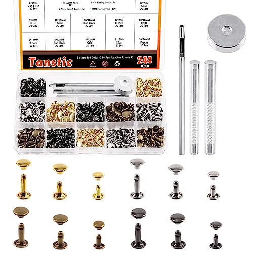 Tanstic 244Pcs Leather Rivets Kit, 3 Sizes 4 Colors Double Cap Rivets Flat Tubular Metal Studs with Setting Tool Kit for Leather Craft Repair Decoration(Silver/Gun Black/Bronze/Gold) von Tanstic