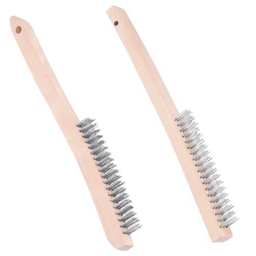 Tanstic 2Pcs Wire Brush Set, Heavy Duty Stainless Steel and Carbon Steel Wire Scratch Brush with 14" Long Curved Wood Handle for Removing Paint, Rust, Welding von Tanstic