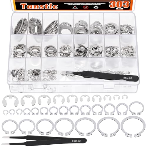 Tanstic 302Pcs C-Clip Externe Sicherungsringe Sprengringe Sortiment Kit(M4-M28) + E-Clip E Clip Sortiment(1.5mm-10mm) mit Pinzette von Tanstic