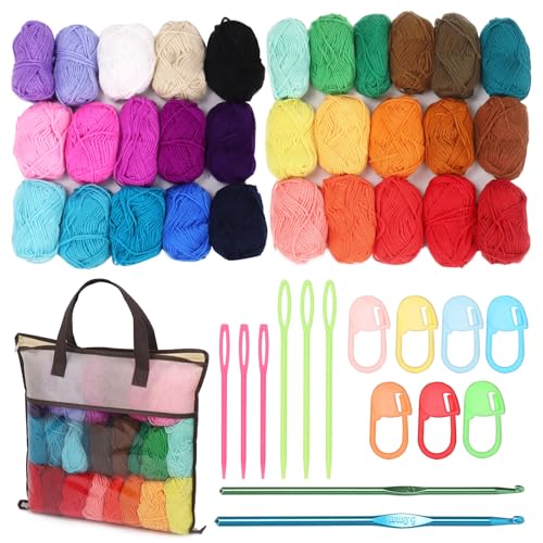 Tanstic 32 Colors Acrylic Yarn Skeins with Crochet Hooks, Stitch Markers, Weaving Needles and Storage Bag for Crocheting Knitting von Tanstic
