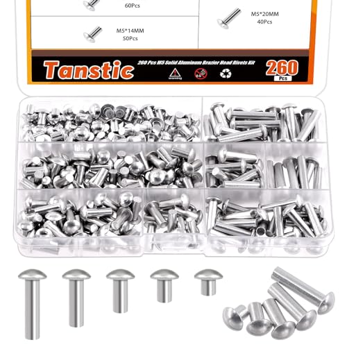 Tanstic 260Pcs M5 Solid Aluminum Brazier Head Rivets, 6mm 10mm 14mm 20mm 25mm Length Solid Aluminum Rivets for Machinery Automobile Industry von Tanstic